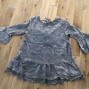 Altar’d State Babydoll Style Gray Swing Tie Neck Crochet Trim Shirt Women Size M